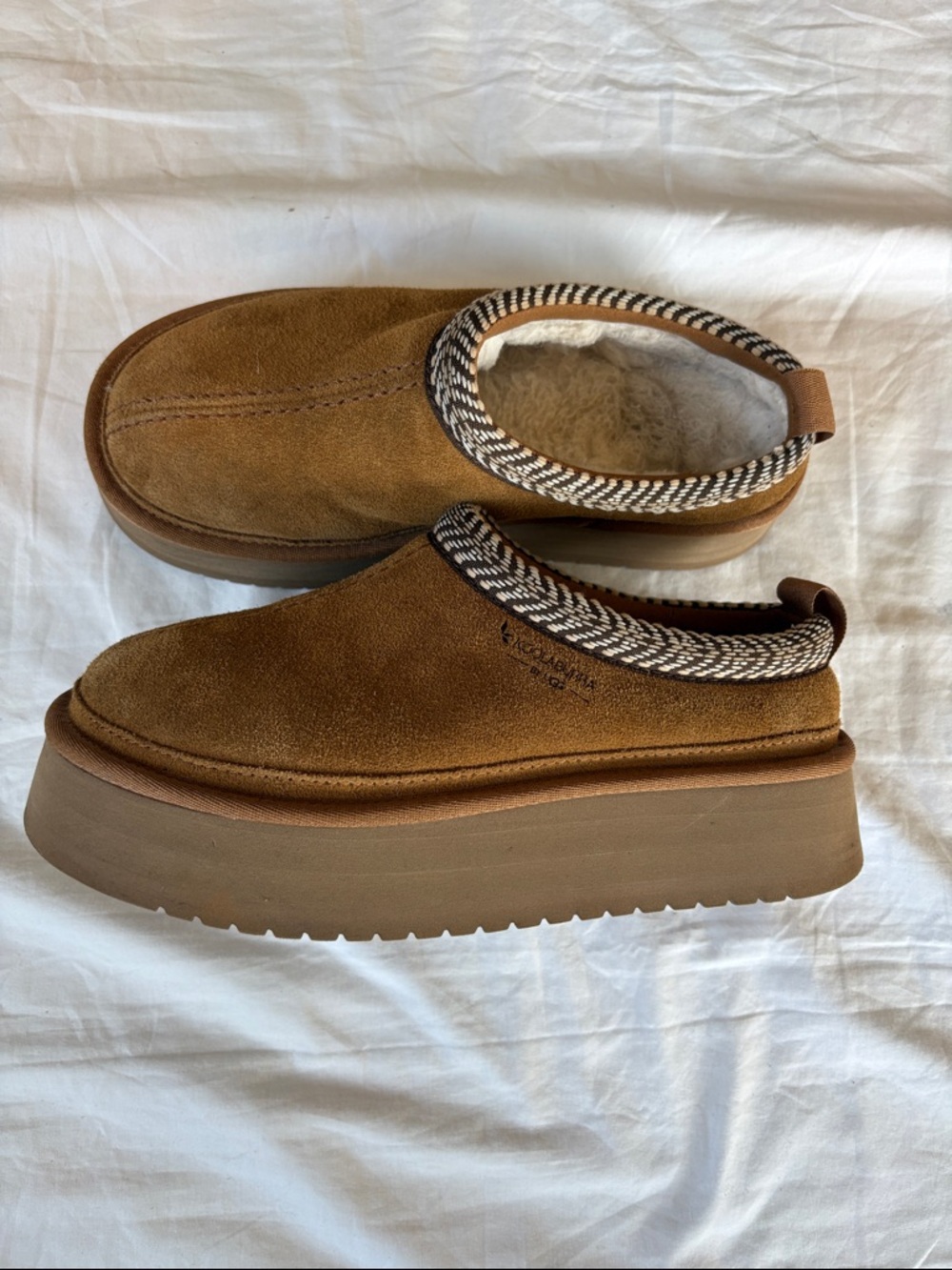 Koolaburra Tan Suede Platform Mules with Shearling Lining